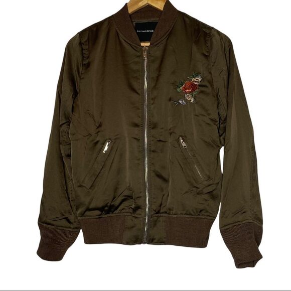 Olivaceous Brown Satin Bomber Jacket Embroidered women's size Small - Picture 1 of 8